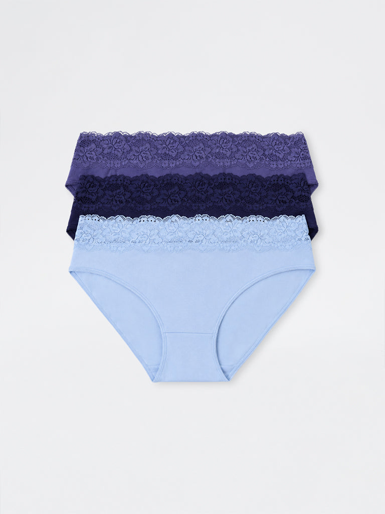 Wunderlove Blue Lace-Detail Cotton-Blend Hi-Leg Briefs - Pack of 3
