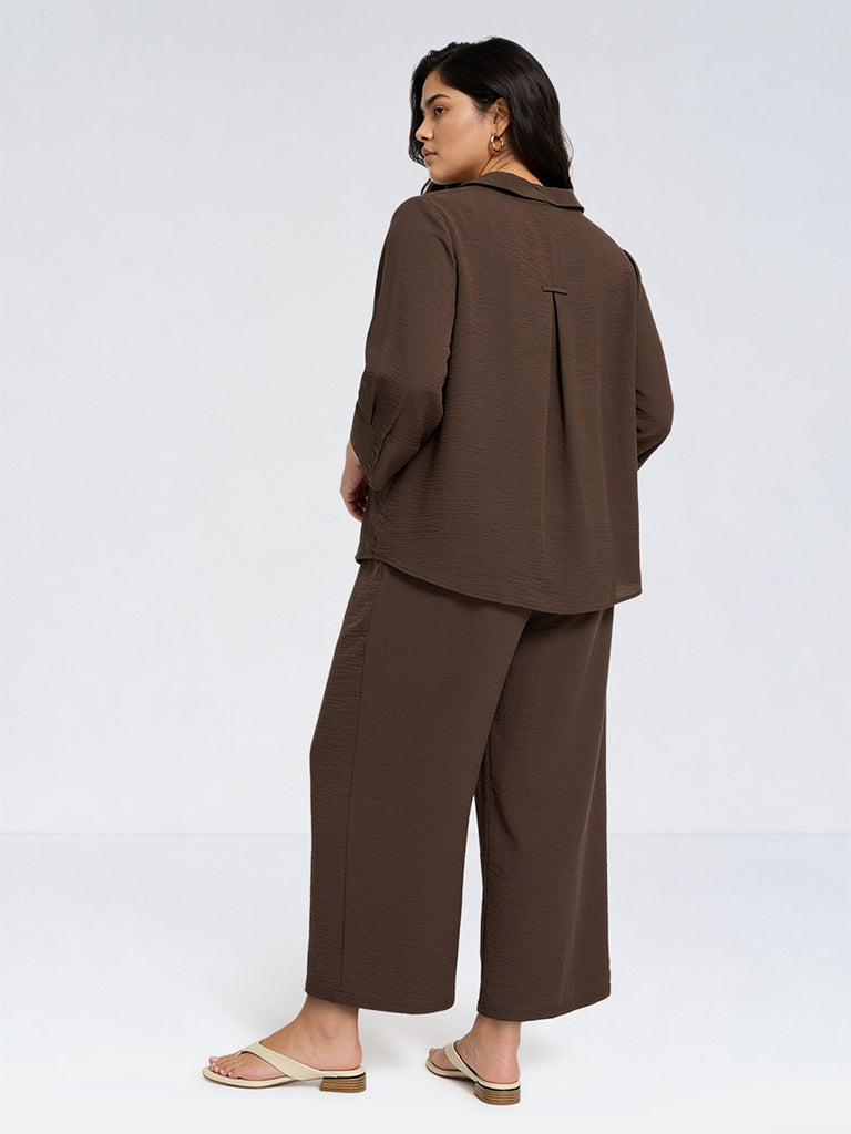 Gia Dark Brown Solid High-Rise Trousers
