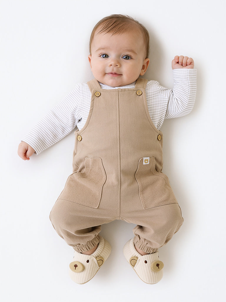 HOP Baby Boys Dark Beige Cotton Dungaree with T-Shirt Set
