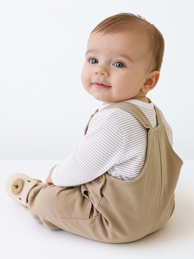 HOP Baby Boys Dark Beige Cotton Dungaree with T-Shirt Set