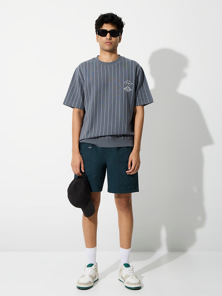 Nuoflexx Dusty Blue Striped Relaxed-Fit Cotton-Blend T-Shirt