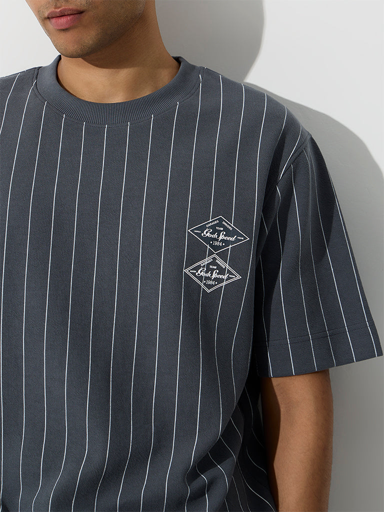 Nuoflexx Dusty Blue Striped Relaxed-Fit Cotton-Blend T-Shirt