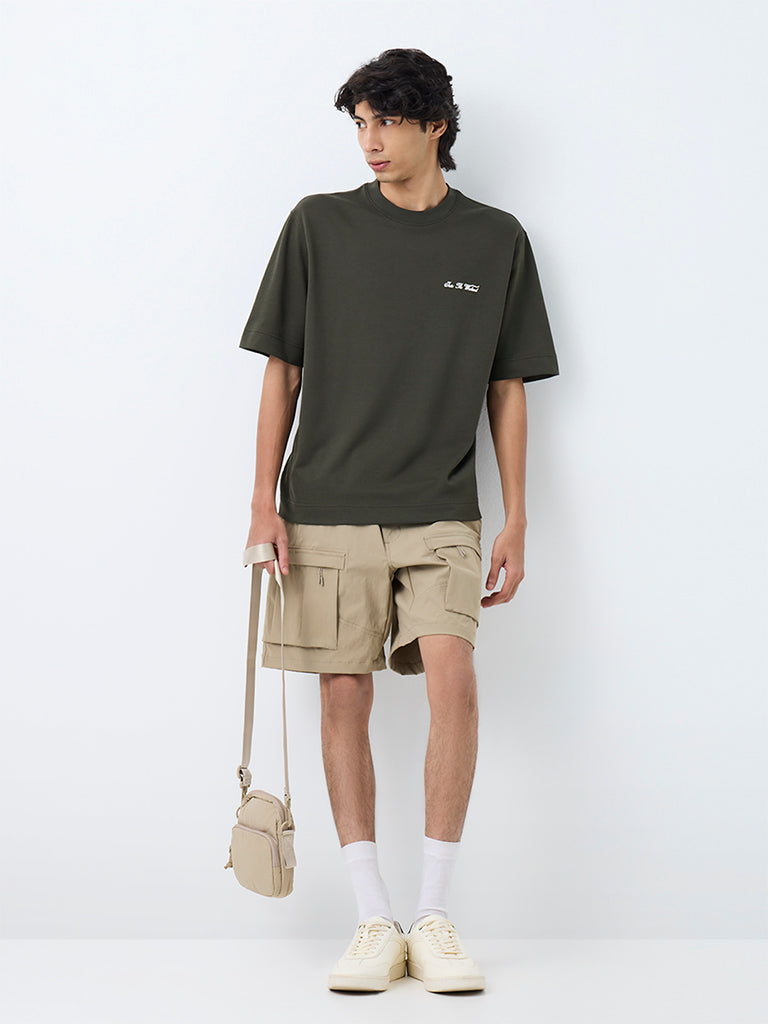 Nuoflexx Dark Olive Typography Relaxed-Fit T-Shirt