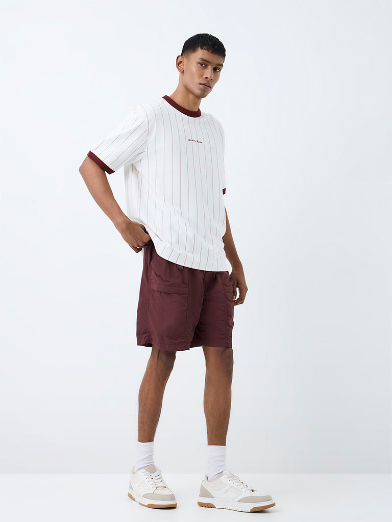Nuoflexx White and Burgundy Striped Relaxed-Fit Cotton-Blend T-Shirt