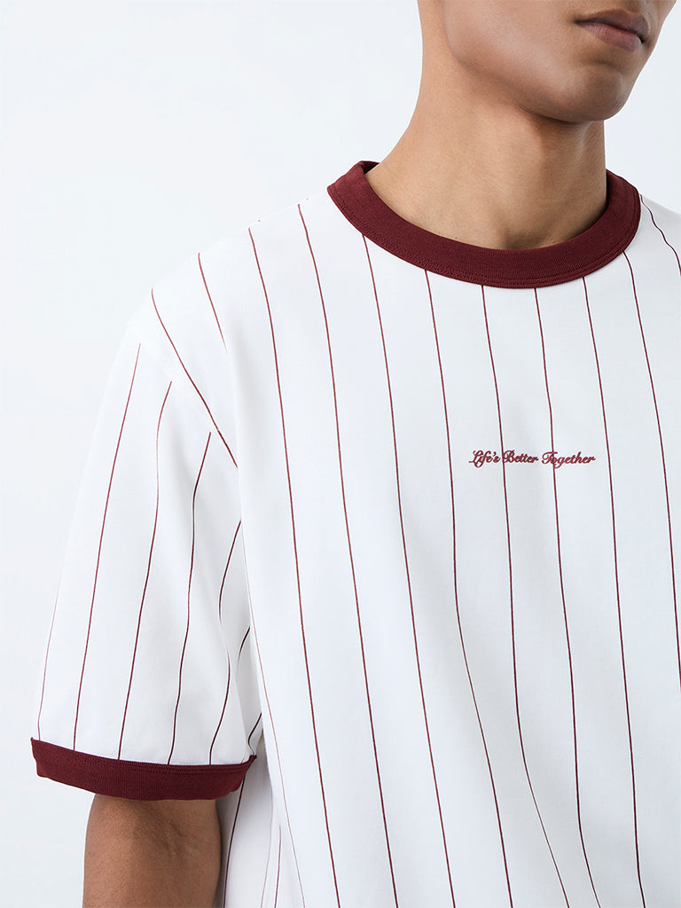 Nuoflexx White and Burgundy Striped Relaxed-Fit Cotton-Blend T-Shirt