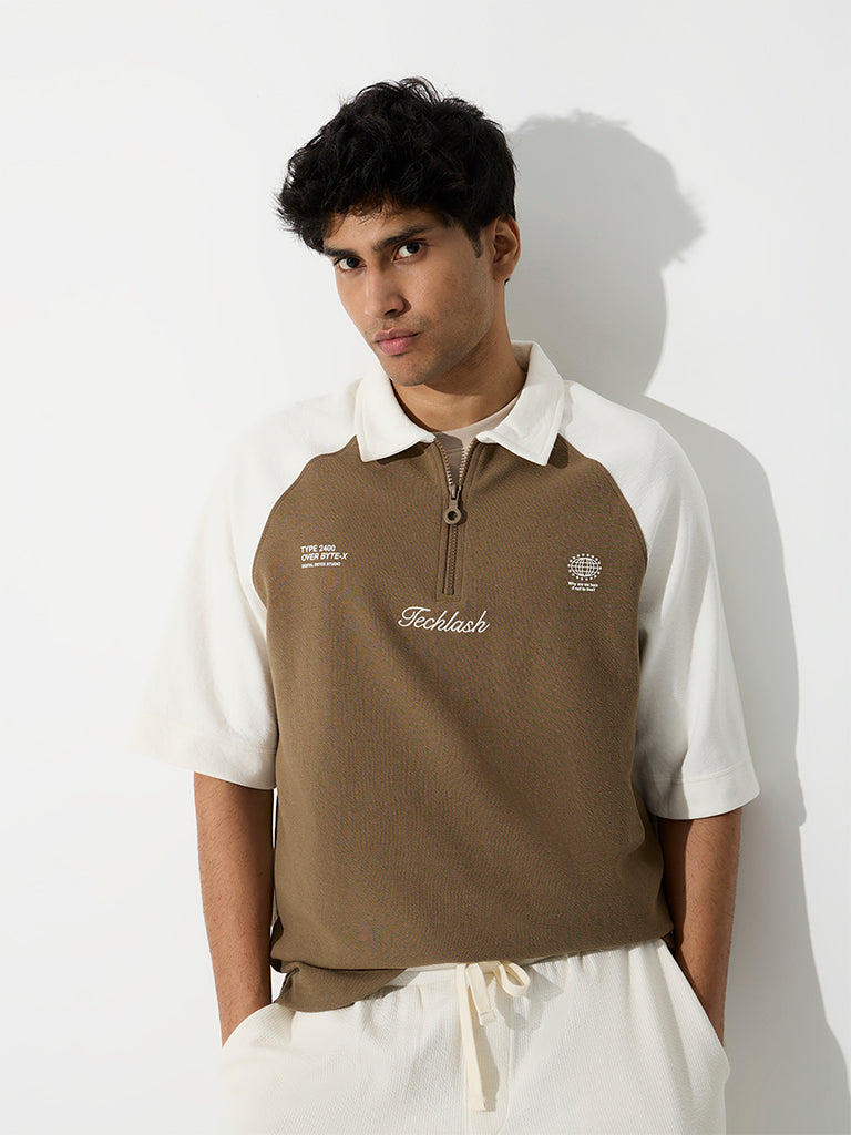Nuoflexx Taupe Colour-Blocked Relaxed-Fit Quarter-Zip Cotton-Blend Polo T-Shirt