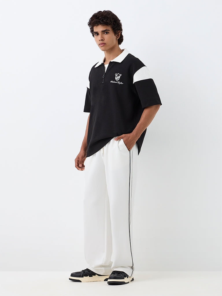 Nuoflexx White Striped Relaxed-Fit Mid-Rise Cotton-Blend Track Pants