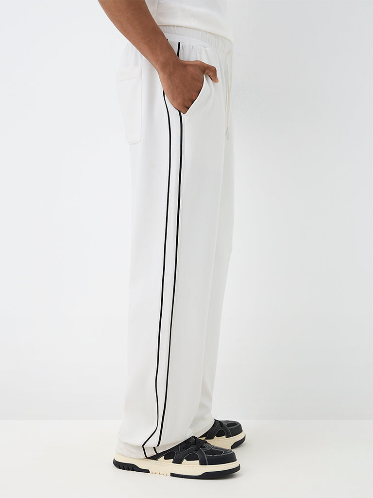 Nuoflexx White Striped Relaxed-Fit Mid-Rise Cotton-Blend Track Pants