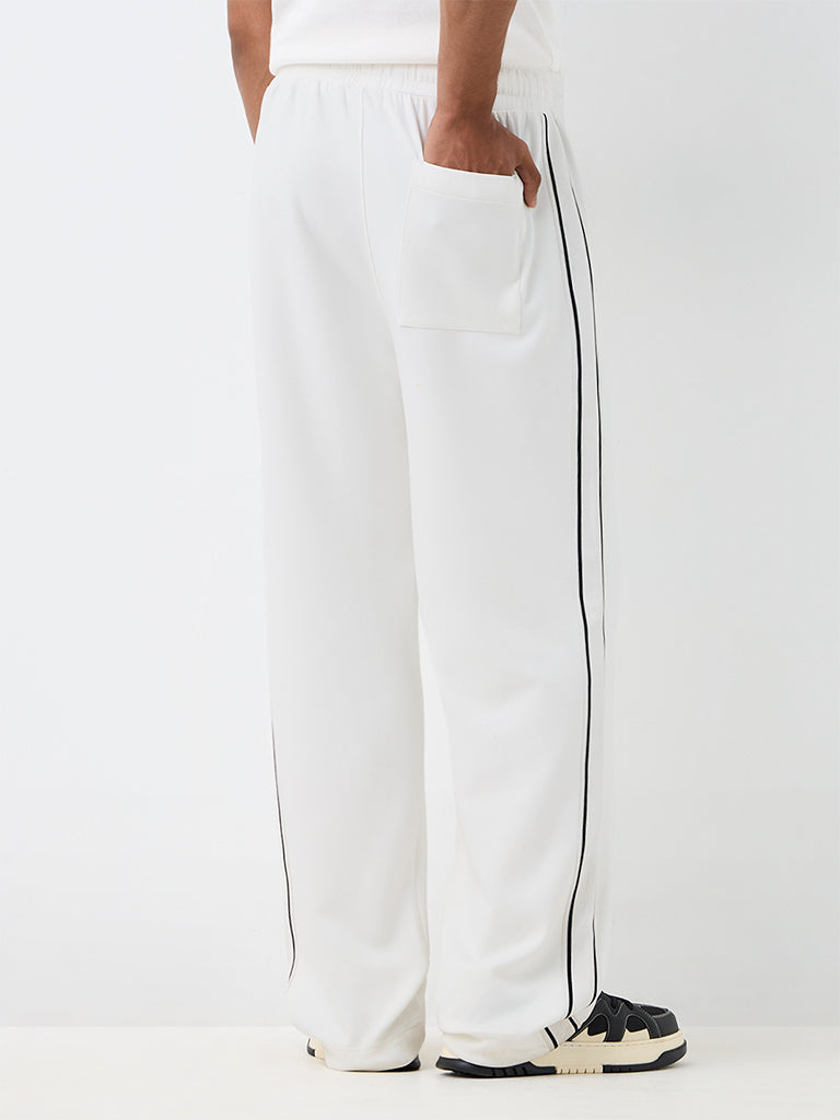 Nuoflexx White Striped Relaxed-Fit Mid-Rise Cotton-Blend Track Pants