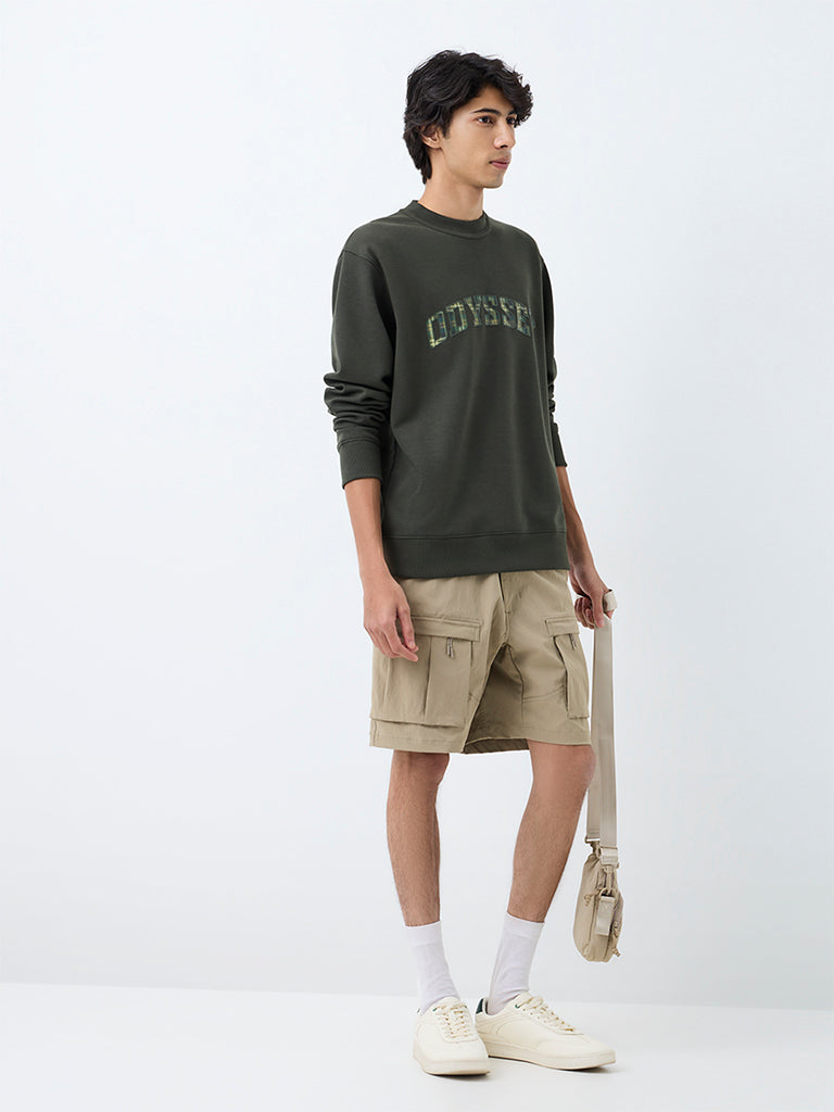Nuoflexx Dark Olive Text-Design Relaxed-Fit Cotton-Blend Sweatshirt