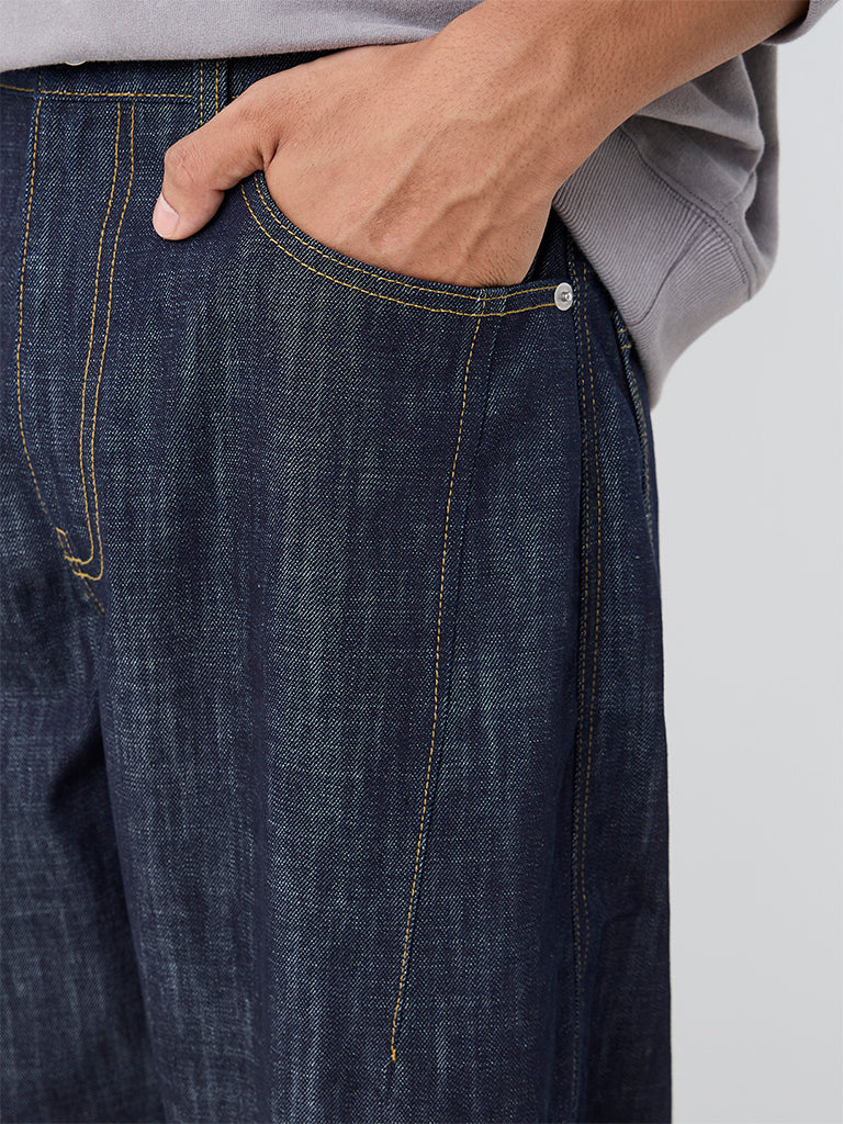 Nuon Dark Blue Washed Barrel-Fit Mid-Rise Jeans