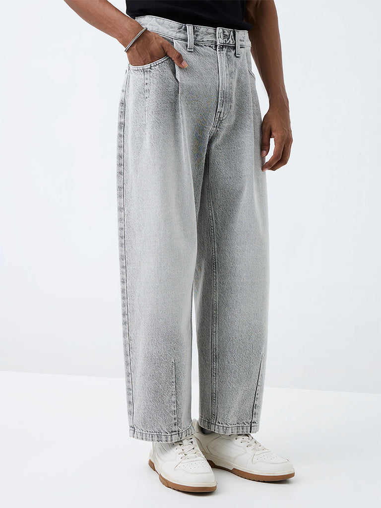 Nuon Grey Washed Barrel-Fit Mid-Rise Jeans