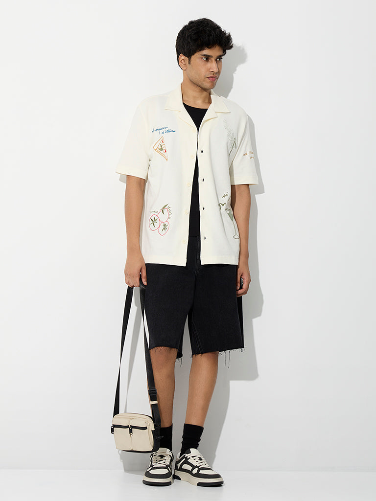 Nuon Cream Italian Food Embroidered Relaxed-Fit Cotton Shirt