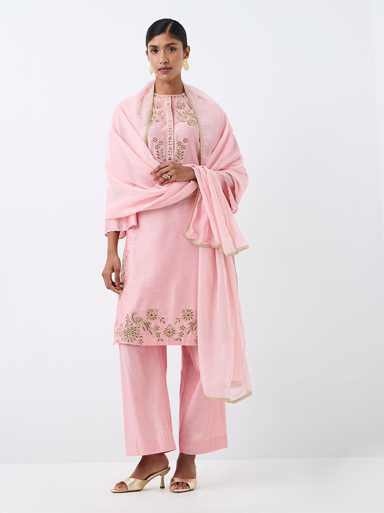Vark Light Pink Floral Embroidered Straight Ethnic Set