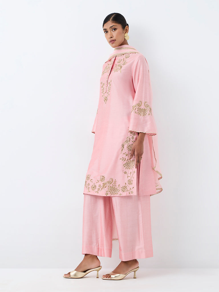 Vark Light Pink Floral Embroidered Straight Ethnic Set