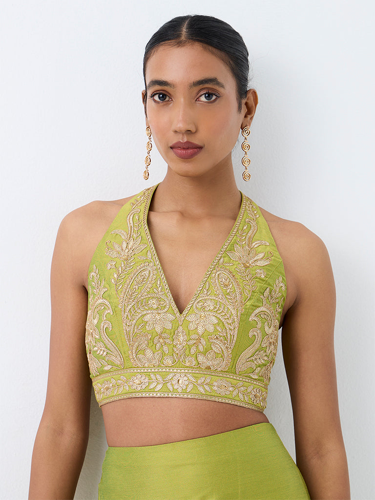 Vark Lime Floral Embroidered Halter-Neck Crop Top