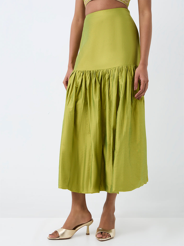 Vark Lime Solid Tiered Midi Skirt
