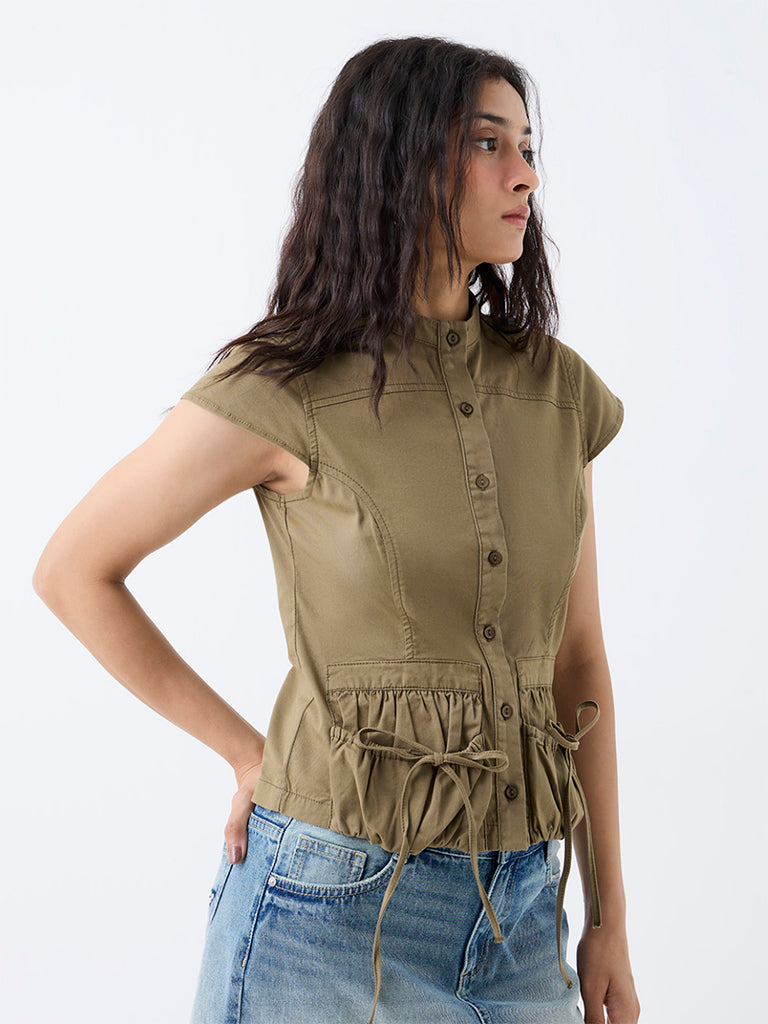 Nuon Khaki Pocket-Detailed Cotton-Blend Top