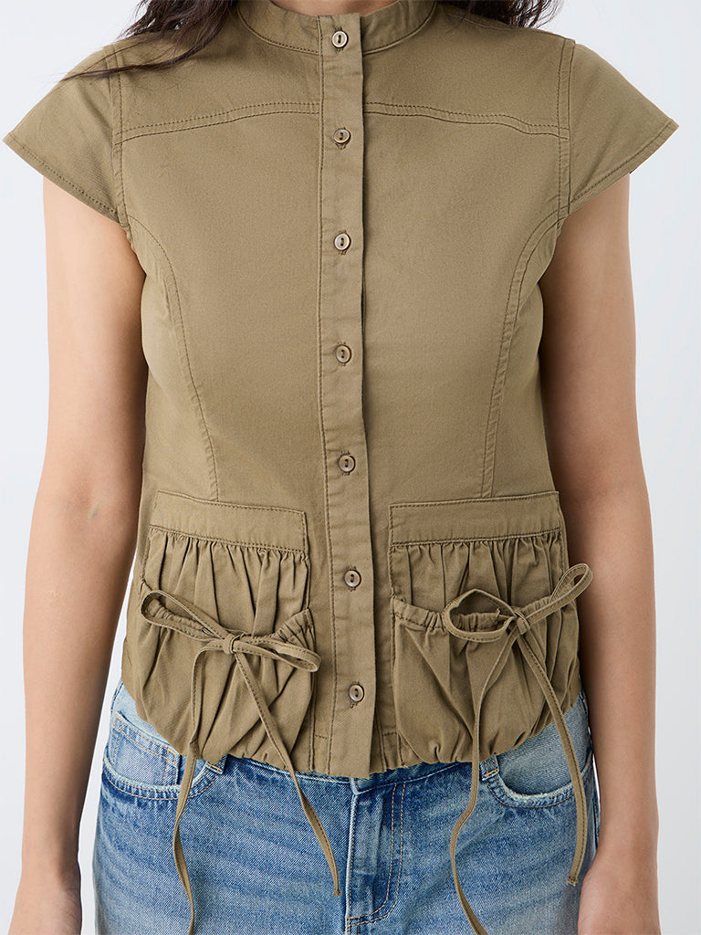 Nuon Khaki Pocket-Detailed Cotton-Blend Top