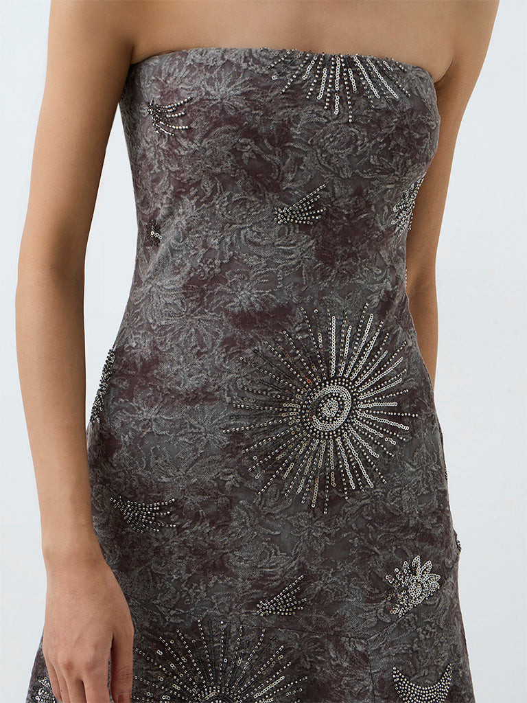 Nuon Dark Grey Floral Embellished Tube Dress