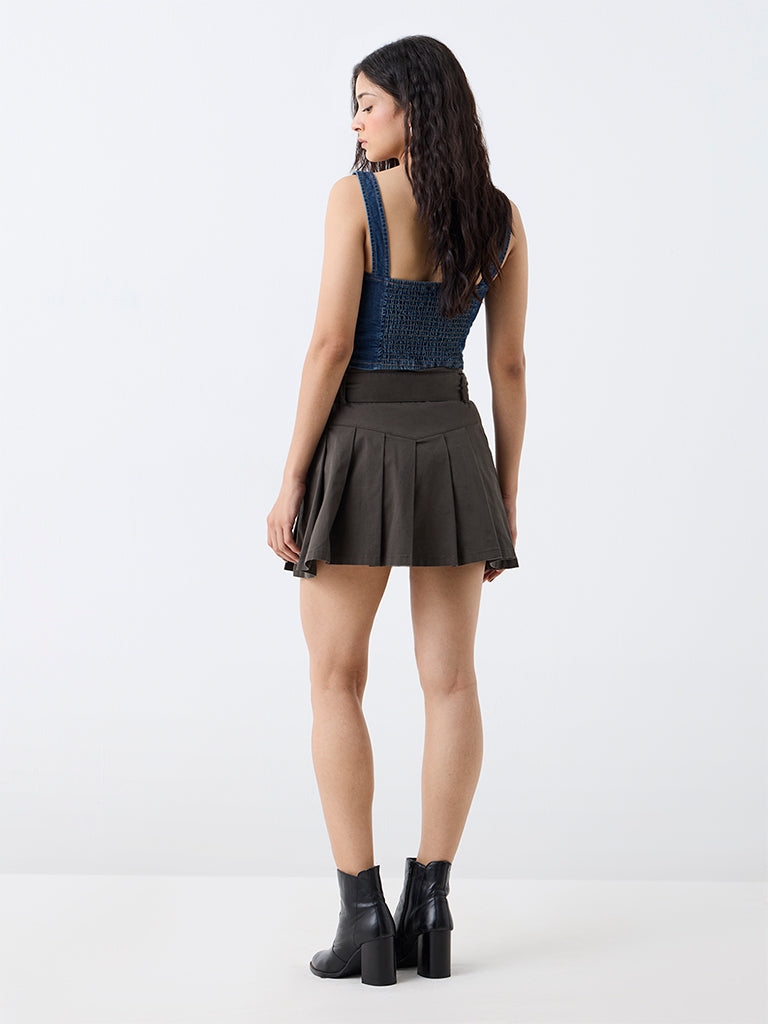 Nuon Dark Olive Pleated High-Rise Skirt with Belt