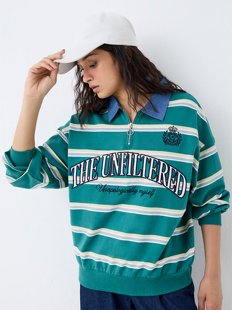 Nuon Teal Striped Quarter-Zip Cotton Sweatshirt