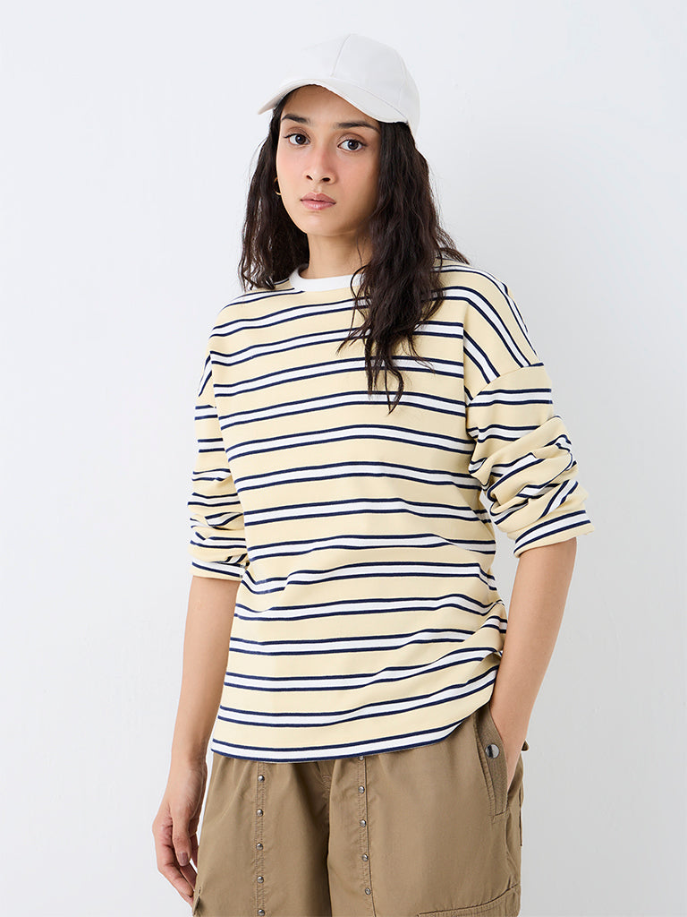 Nuon Yellow Striped Cotton T-Shirt