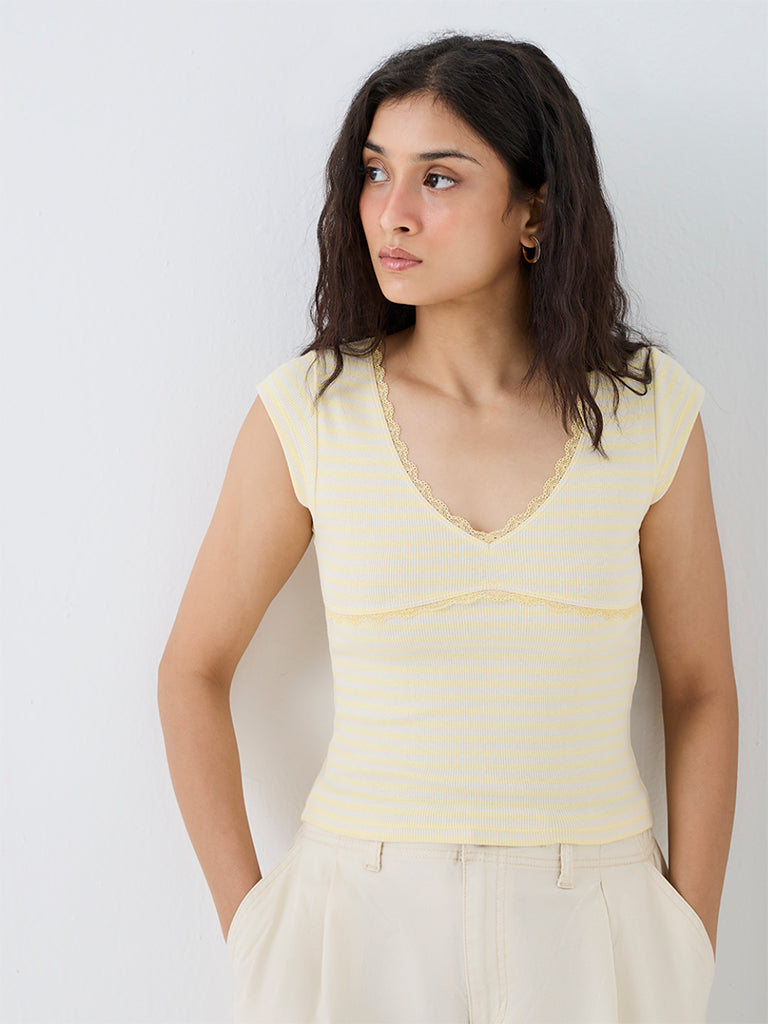 Nuon Yellow Striped Lace-Detailed Cotton Top