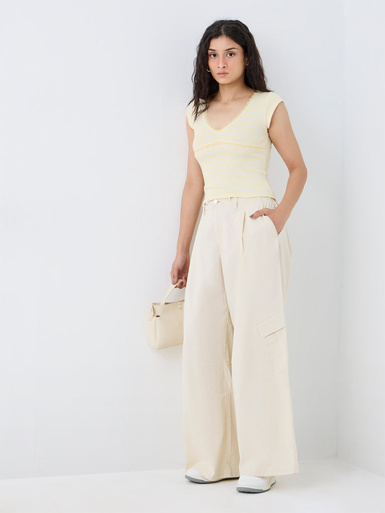 Nuon Yellow Striped Lace-Detailed Cotton Top