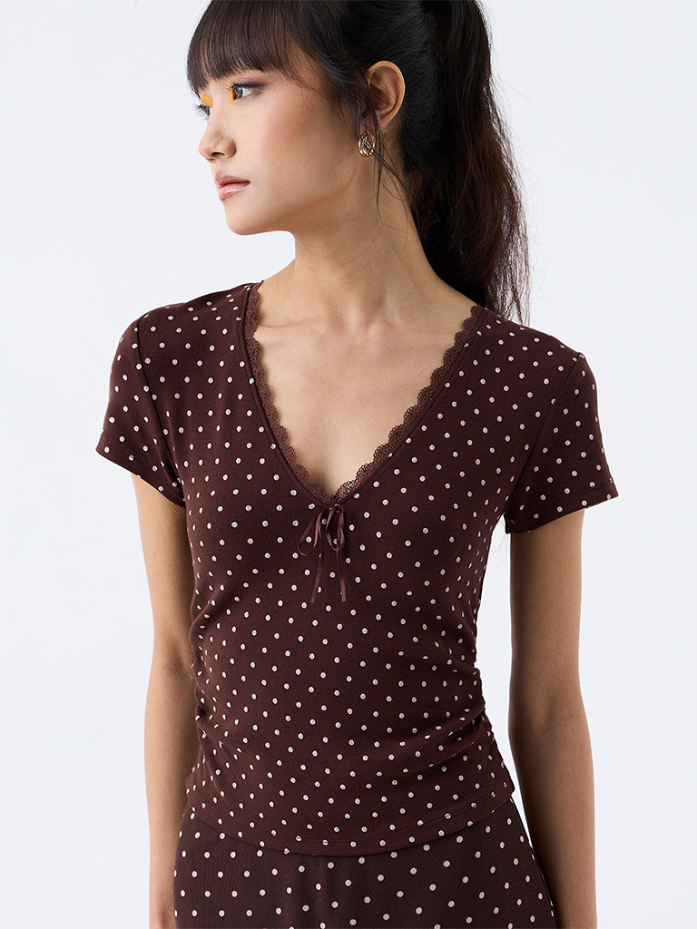 Nuon Dark Brown Polka Dot Printed Top