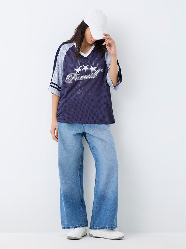 Nuon Navy Typographic Mesh Cotton T-Shirt