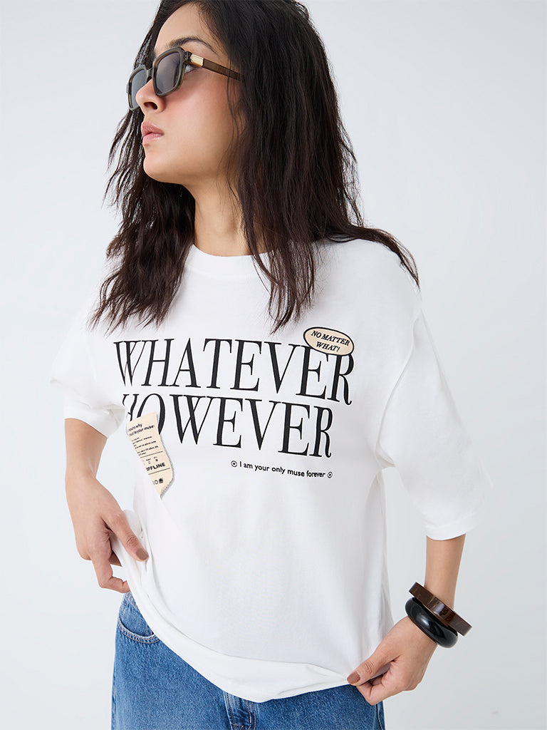 Nuon White Text Printed Cotton T-Shirt