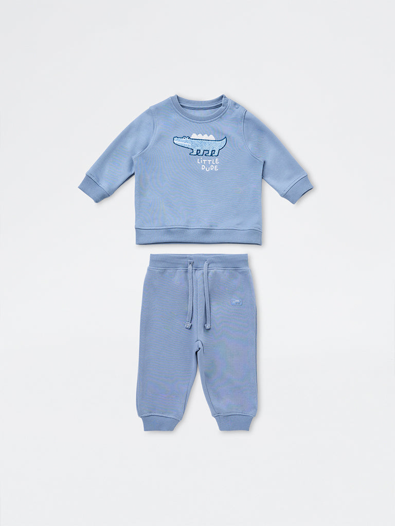 HOP Baby Boys Dusty Blue Animal Embroidered Sweatshirt with Joggers Set