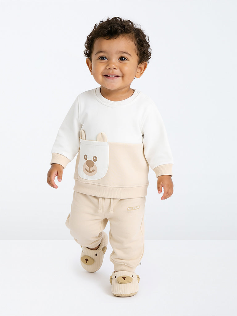 HOP Baby Boys Cream Colour-Blocked Cotton-Blend Sweatshirt and Joggers Set