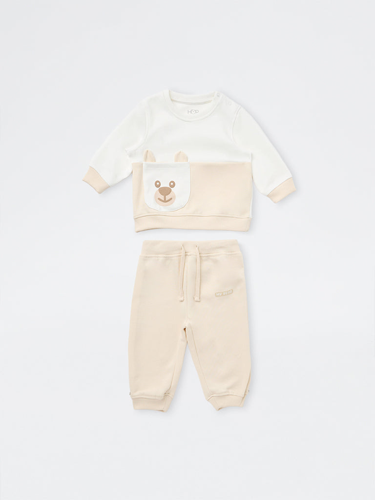 HOP Baby Boys Cream Colour-Blocked Cotton-Blend Sweatshirt and Joggers Set