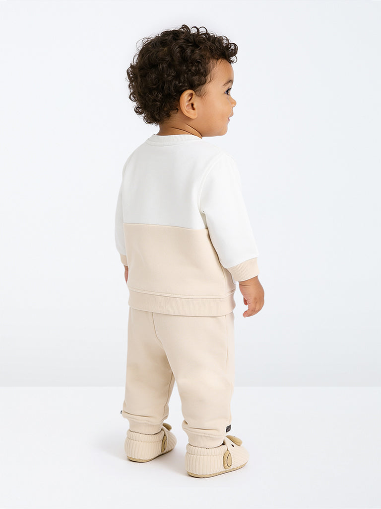 HOP Baby Boys Cream Colour-Blocked Cotton-Blend Sweatshirt and Joggers Set