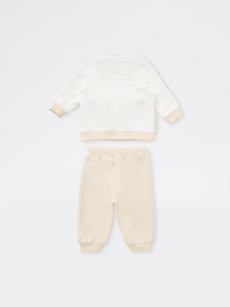 HOP Baby Boys Cream Colour-Blocked Cotton-Blend Sweatshirt and Joggers Set