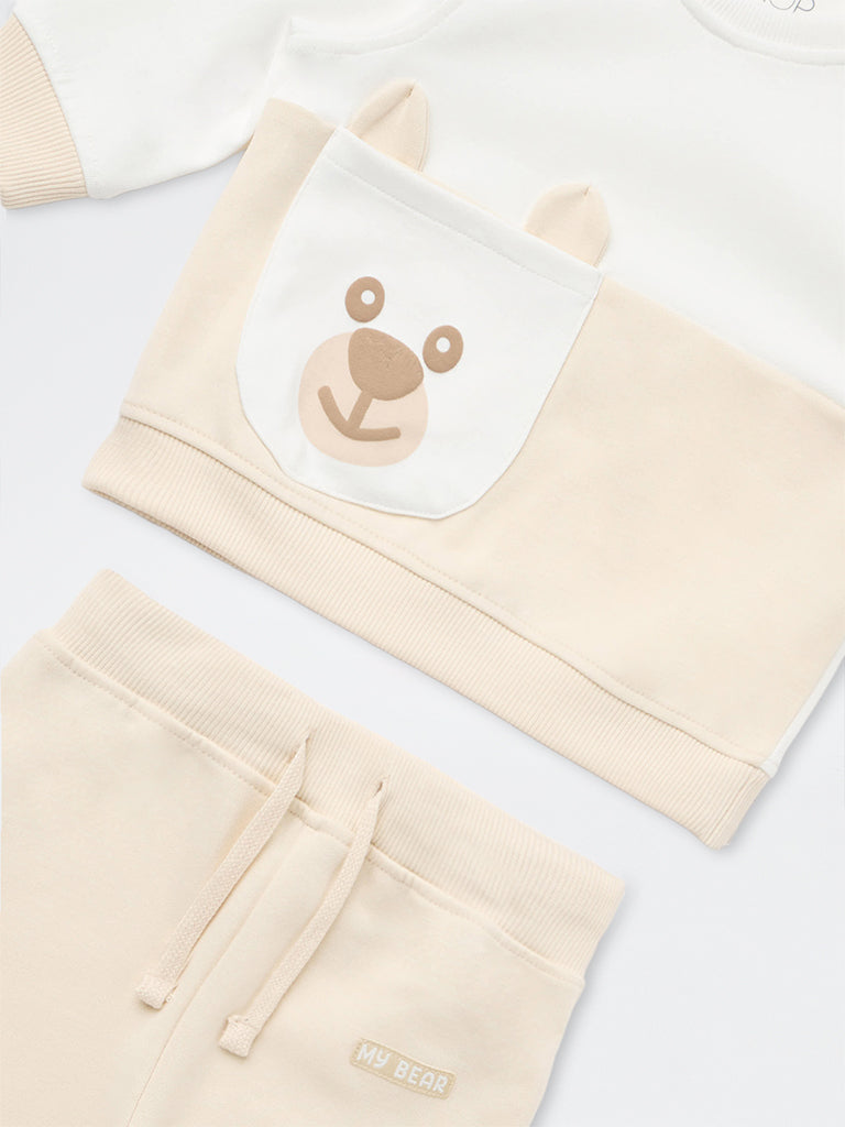 HOP Baby Boys Cream Colour-Blocked Cotton-Blend Sweatshirt and Joggers Set