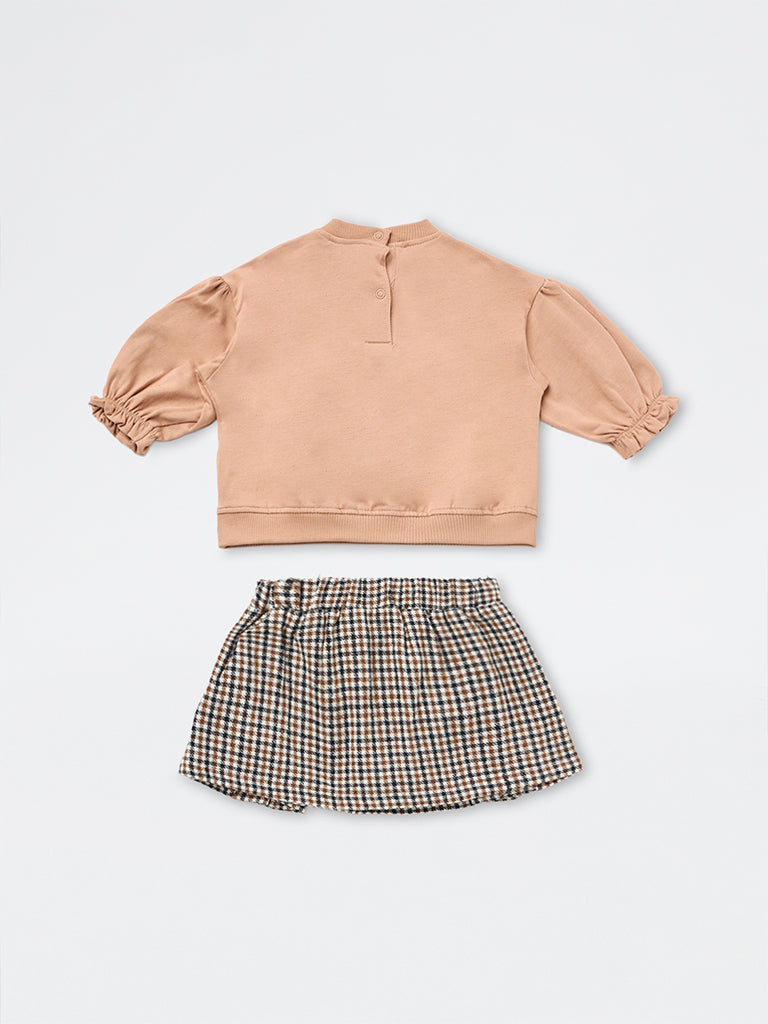 HOP Baby Girls Brown Floral Embroidered Cotton Sweatshirt and Skirt Set