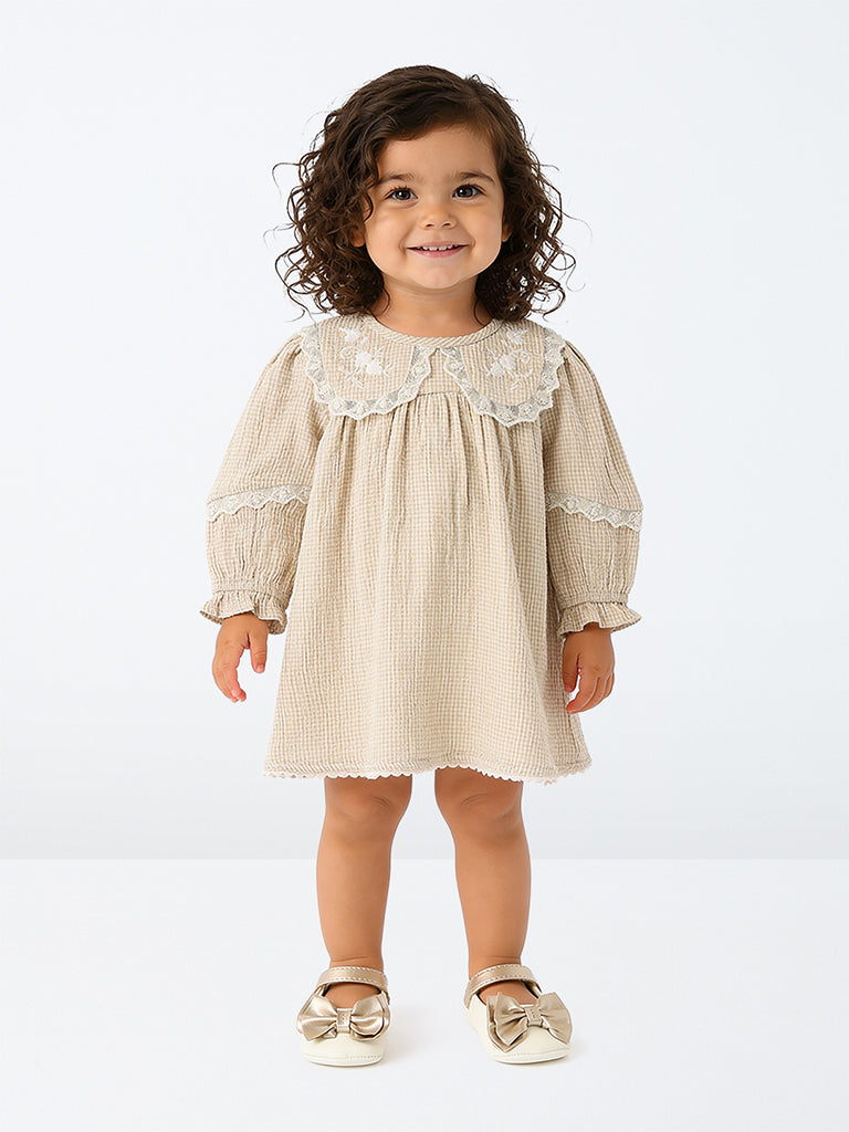 HOP Baby Girls Beige Gingham Checkered Cotton A-Line Dress