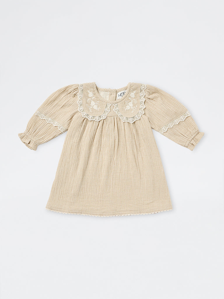 HOP Baby Girls Beige Gingham Checkered Cotton A-Line Dress