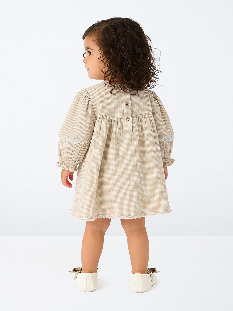 HOP Baby Girls Beige Gingham Checkered Cotton A-Line Dress