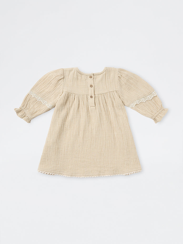 HOP Baby Girls Beige Gingham Checkered Cotton A-Line Dress