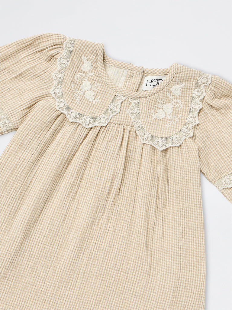 HOP Baby Girls Beige Gingham Checkered Cotton A-Line Dress