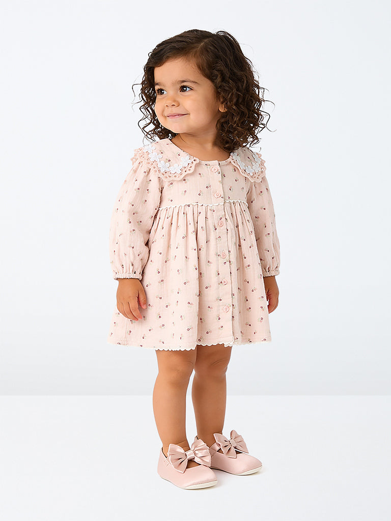 HOP Baby Girls Pink Floral Pattern Cotton A-Line Dress
