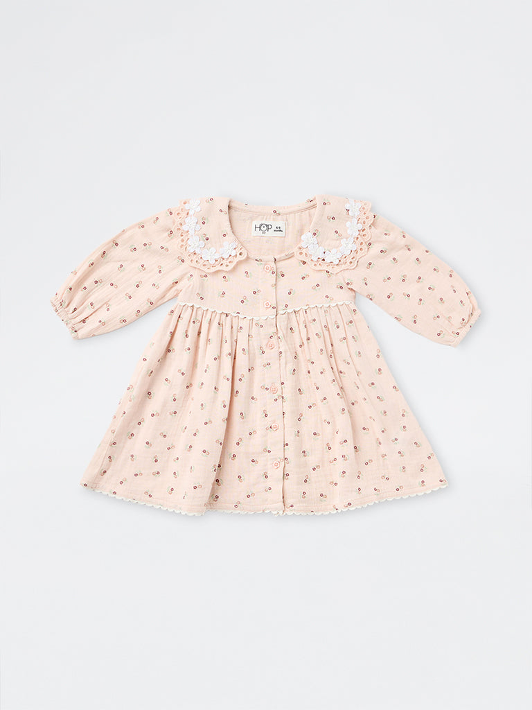 HOP Baby Girls Pink Floral Pattern Cotton A-Line Dress