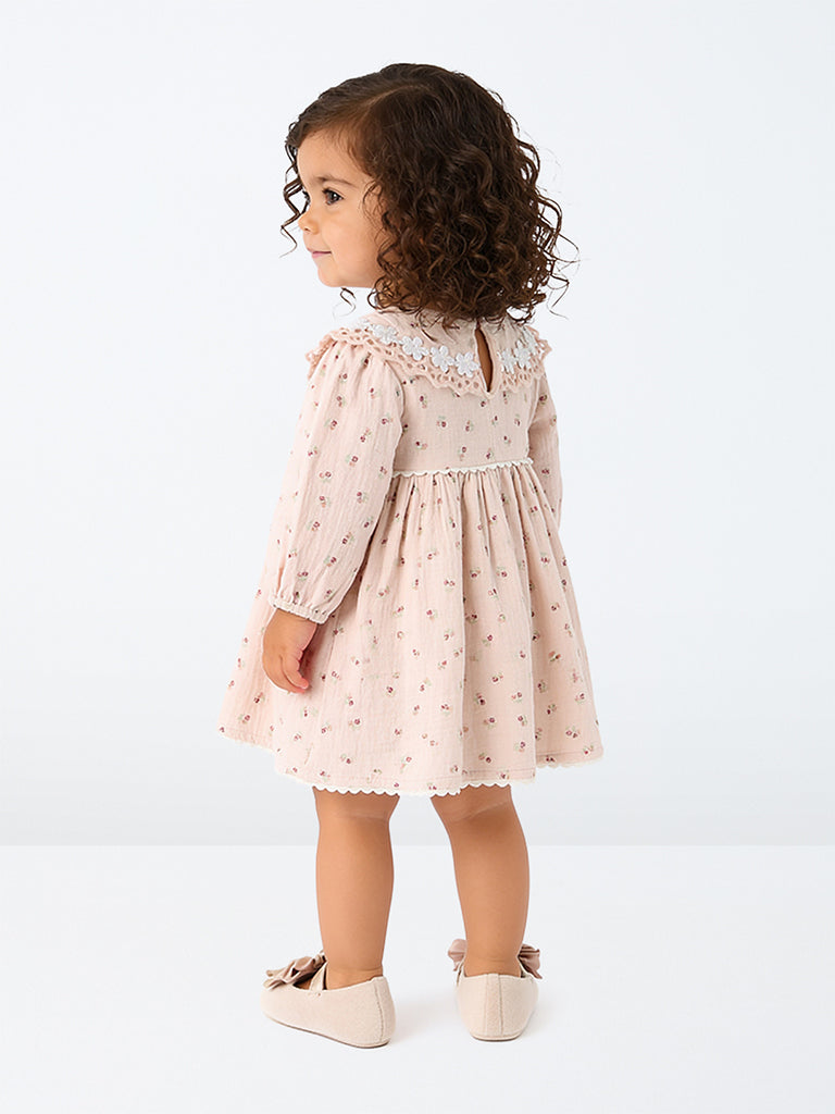 HOP Baby Girls Pink Floral Pattern Cotton A-Line Dress