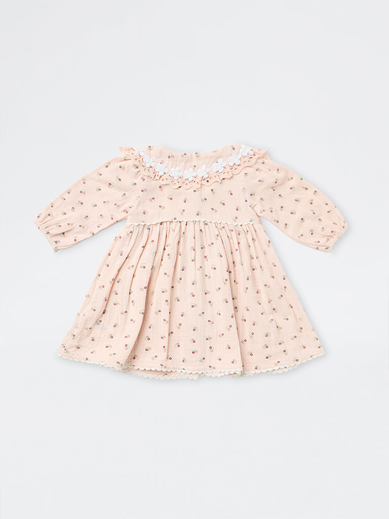 HOP Baby Girls Pink Floral Pattern Cotton A-Line Dress