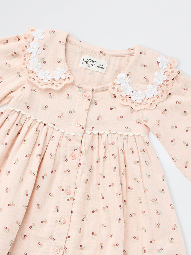 HOP Baby Girls Pink Floral Pattern Cotton A-Line Dress
