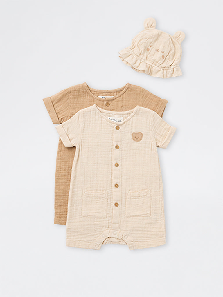 HOP Baby Girls Beige Cotton Romper with Hat Set – (Pack of 2)